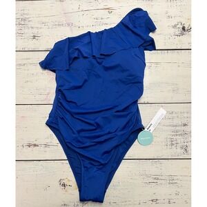 NWT BEAUTIKINI Women's Blue One Shoulder Ruffle One Piece Swimsuit Size S